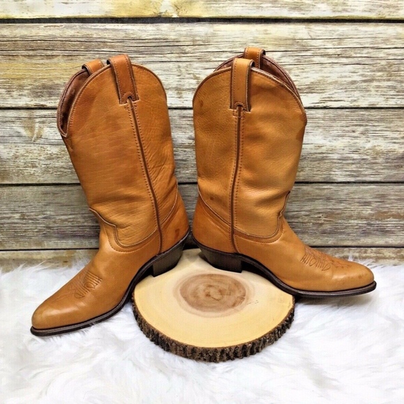 Vintage Tan Brown Leather Mid Calf Cowboy Boots - Picture 6 of 8